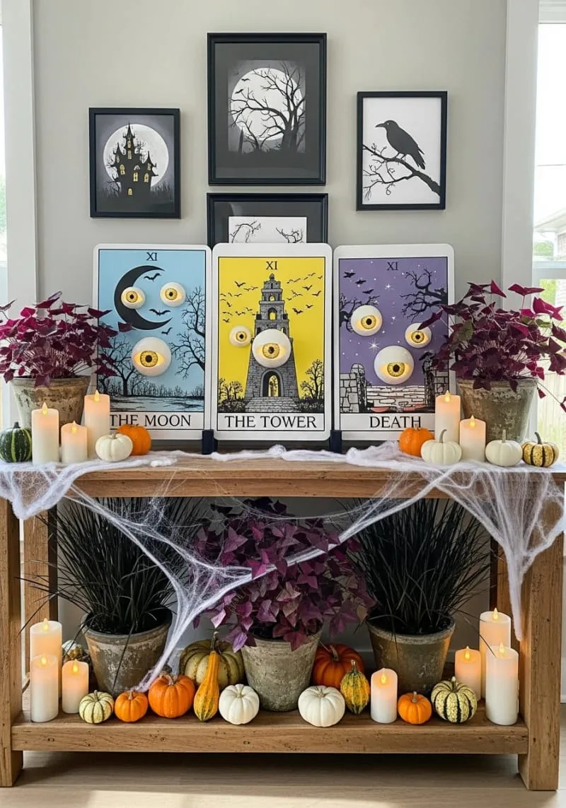 tarot card display with moving eyes peering through cutouts 1