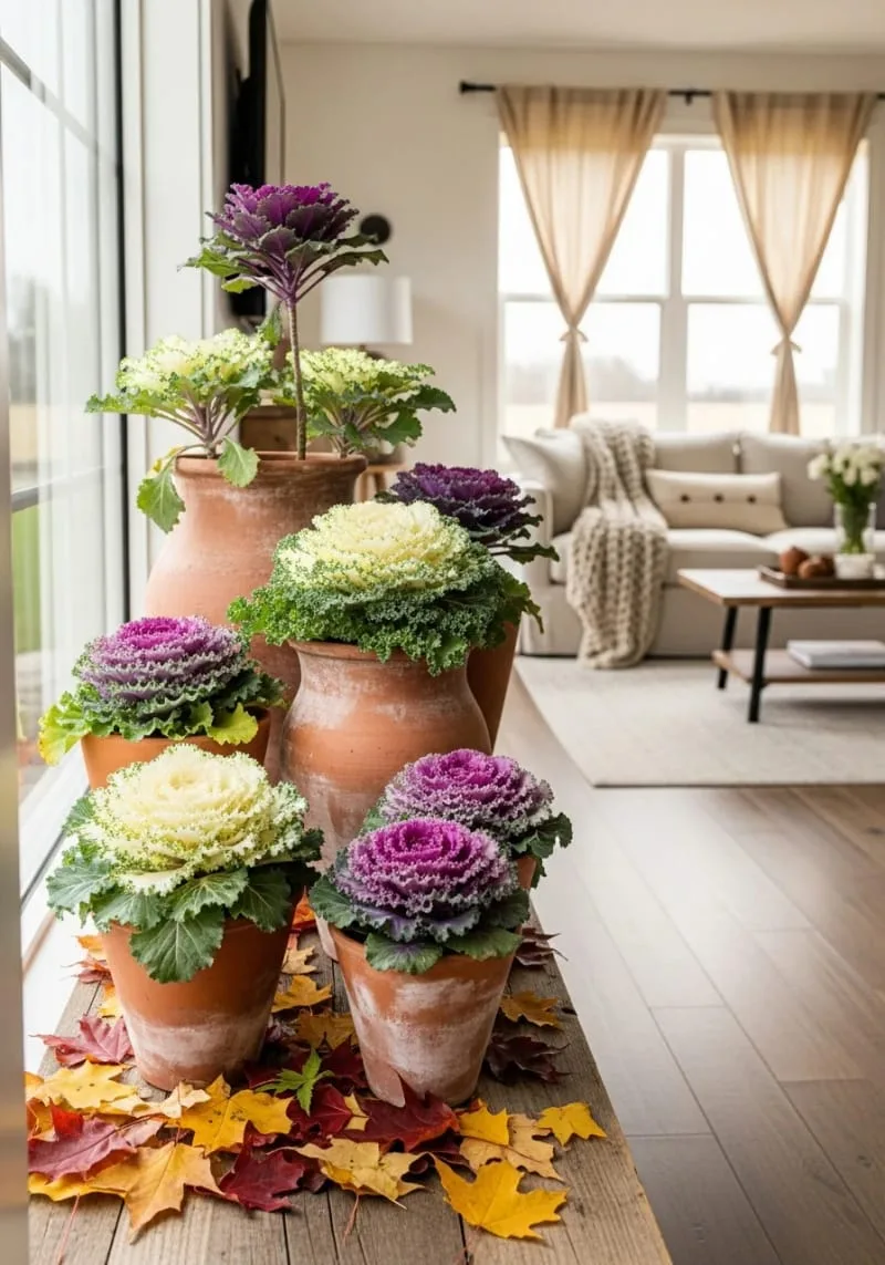 terracotta pots overflowing with ornamental kale 1