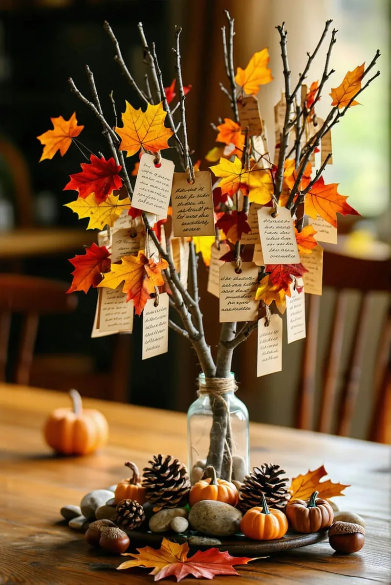 thanksgiving gratitude tree centerpiece with handwritten tags on branches 1