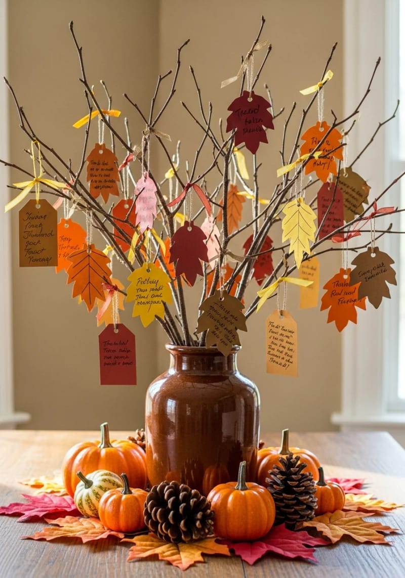 thanksgiving gratitude tree centerpiece with handwritten tags on branches 1