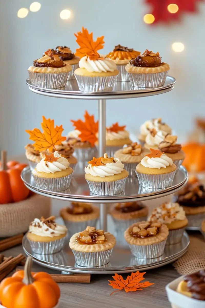tiered dessert stand stacked with mini pies and cupcakes 1