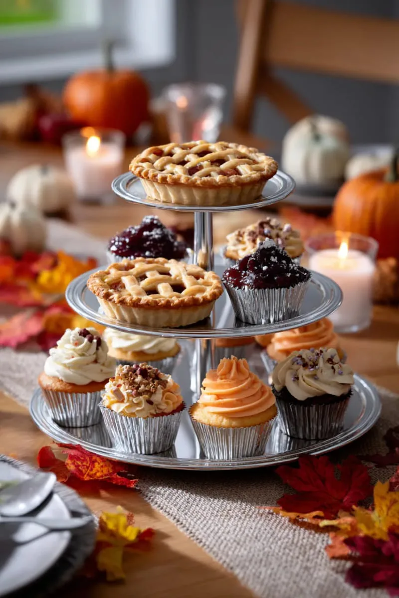 tiered dessert stand stacked with mini pies and cupcakes 1