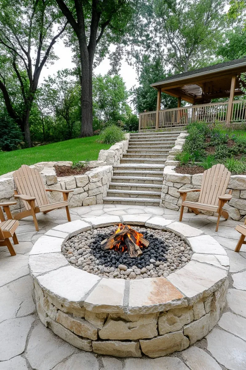 tiered stone patios with built-in fire pit for cozy outdoor gatherings 1