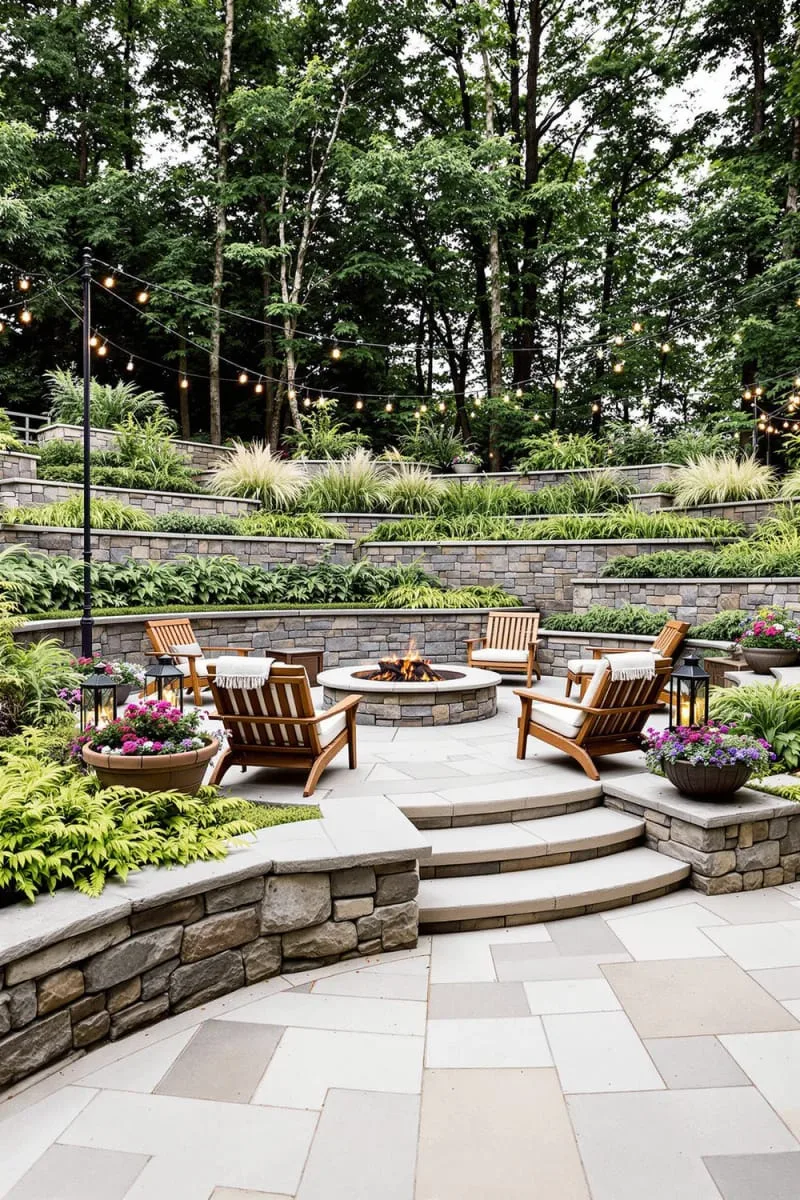tiered stone patios with built-in fire pit for cozy outdoor gatherings 1