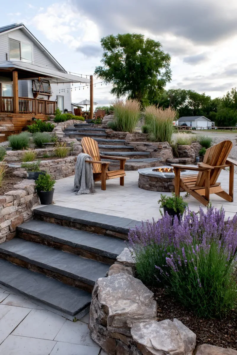tiered stone patios with built-in fire pit for cozy outdoor gatherings 1