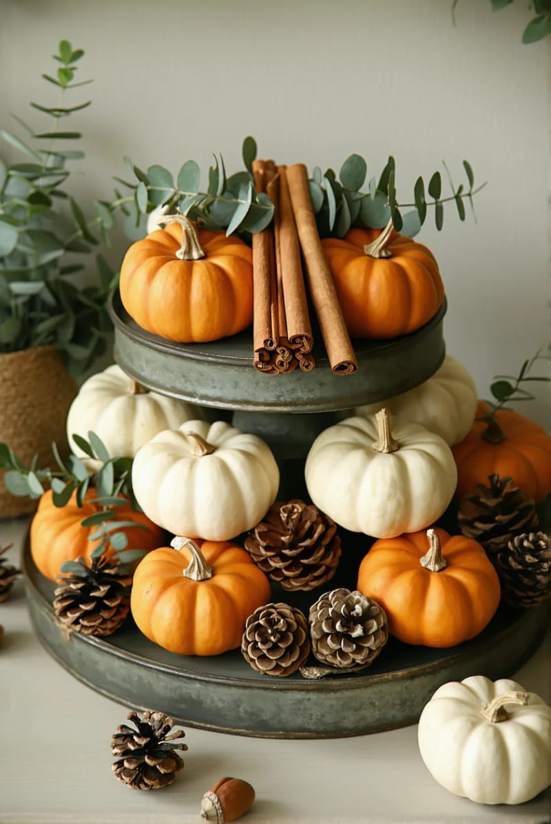 tiered tray display of mini pumpkins, cinnamon sticks, and eucalyptus 1