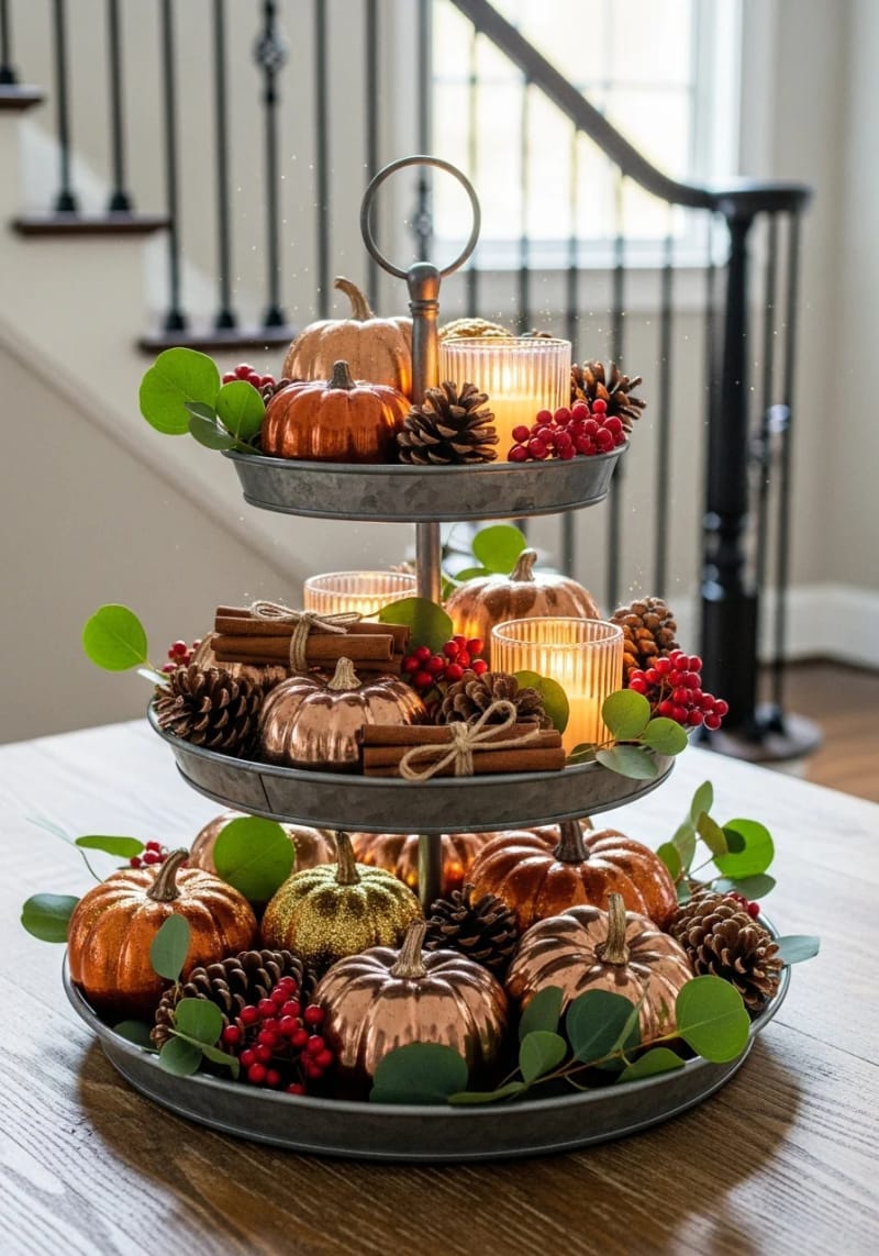 tiered tray display of mini pumpkins, cinnamon sticks, and eucalyptus 1