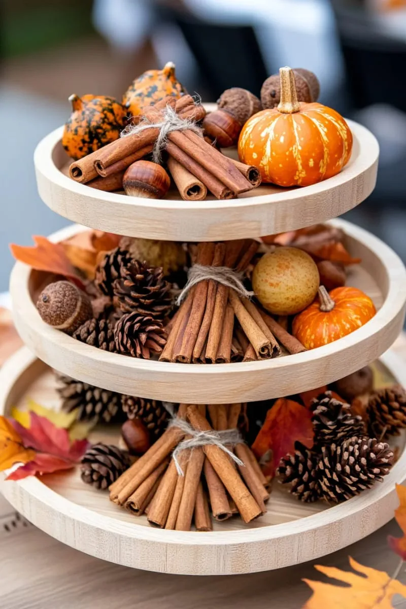 tiered tray display with cinnamon sticks, pinecones, and tiny gourds 1
