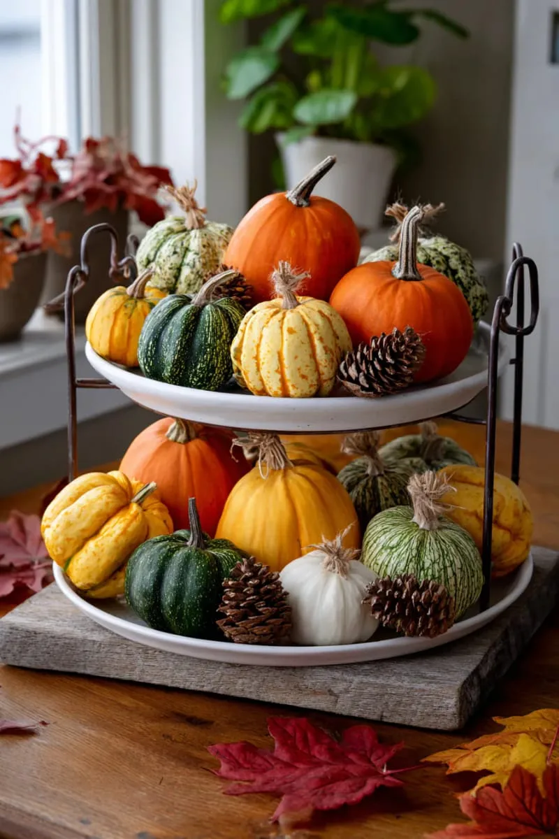 tiered tray display with cinnamon sticks, pinecones, and tiny gourds 1