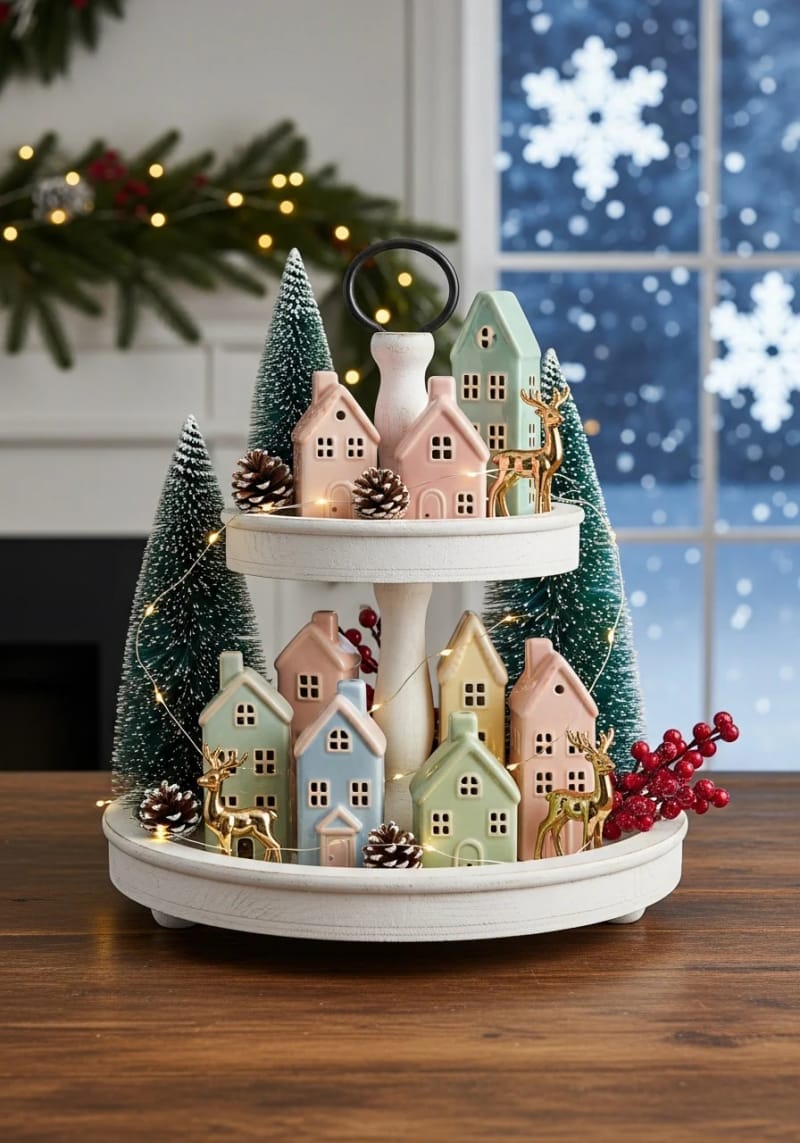tiered tray display with mini houses, trees, and reindeer figurines 1
