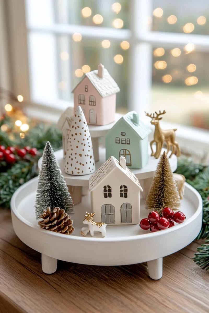 tiered tray display with mini houses, trees, and reindeer figurines 1