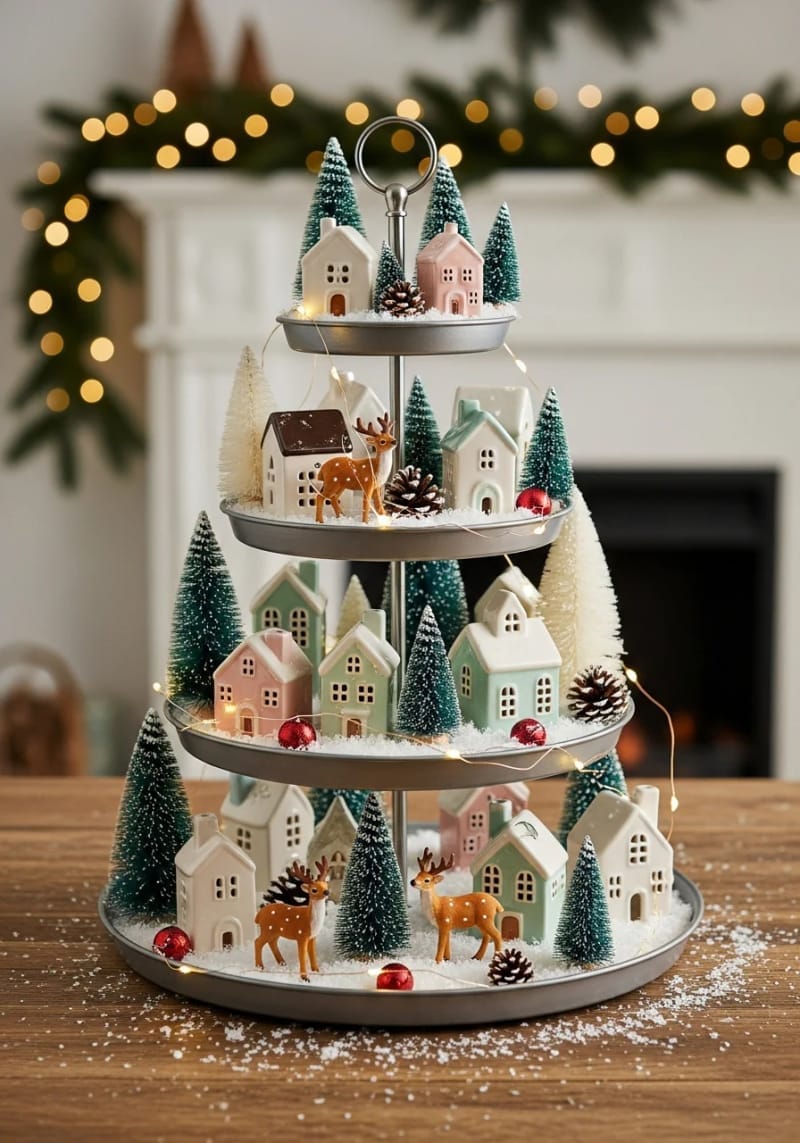 tiered tray display with mini houses, trees, and reindeer figurines 1