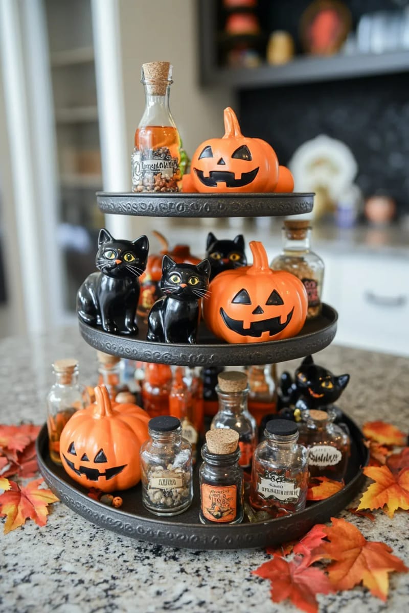 tiered tray of mini jack-o’-lanterns, black cats, and potion bottles 16