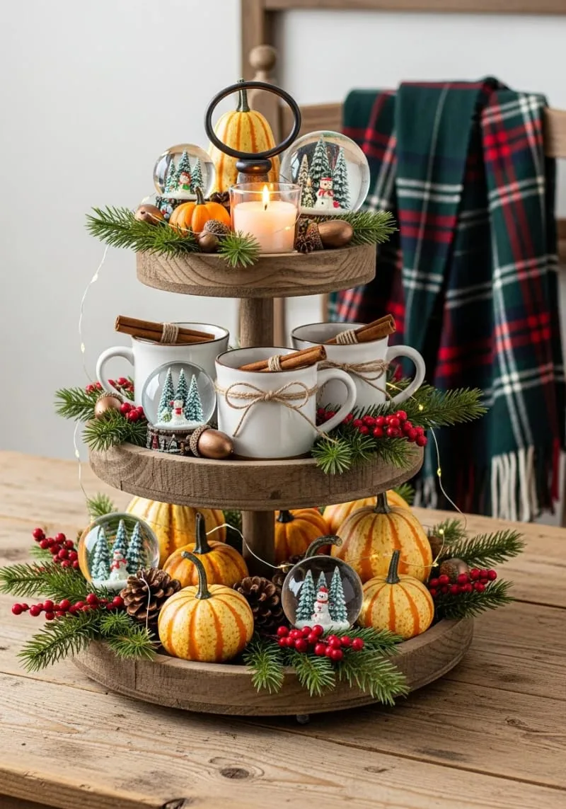 tiered tray styled with gourds, pine sprigs, and snow globes 1 tiered tray styled with gourds, pine sprigs, and snow globes 1