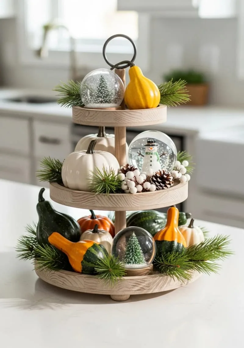 tiered tray styled with gourds, pine sprigs, and snow globes 1 tiered tray styled with gourds, pine sprigs, and snow globes 1