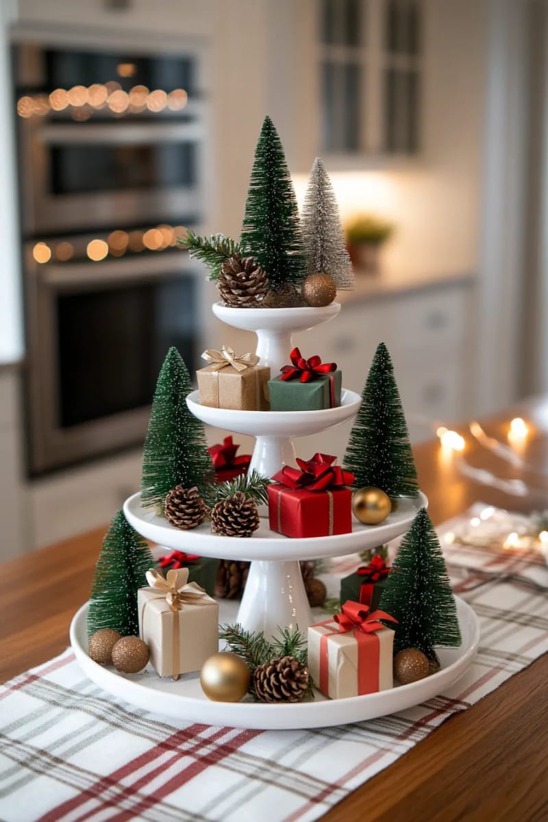 tiered trays with mini trees, tiny presents, and fairy lights 1