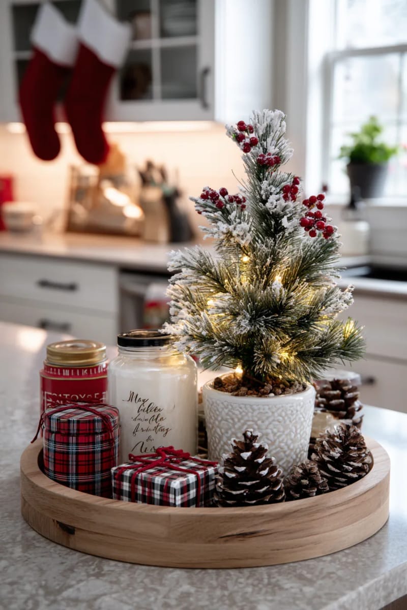 tiered trays with mini trees, tiny presents, and fairy lights 1