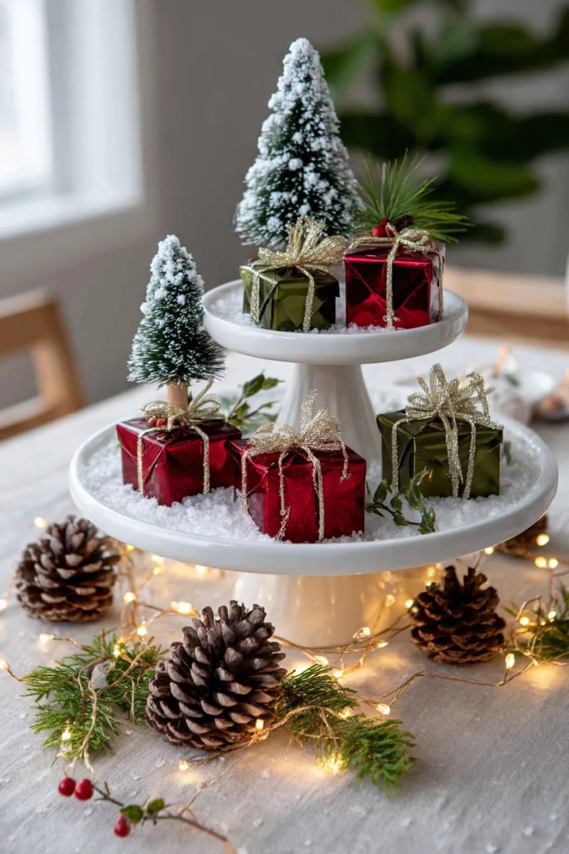 tiered trays with mini trees, tiny presents, and fairy lights 1