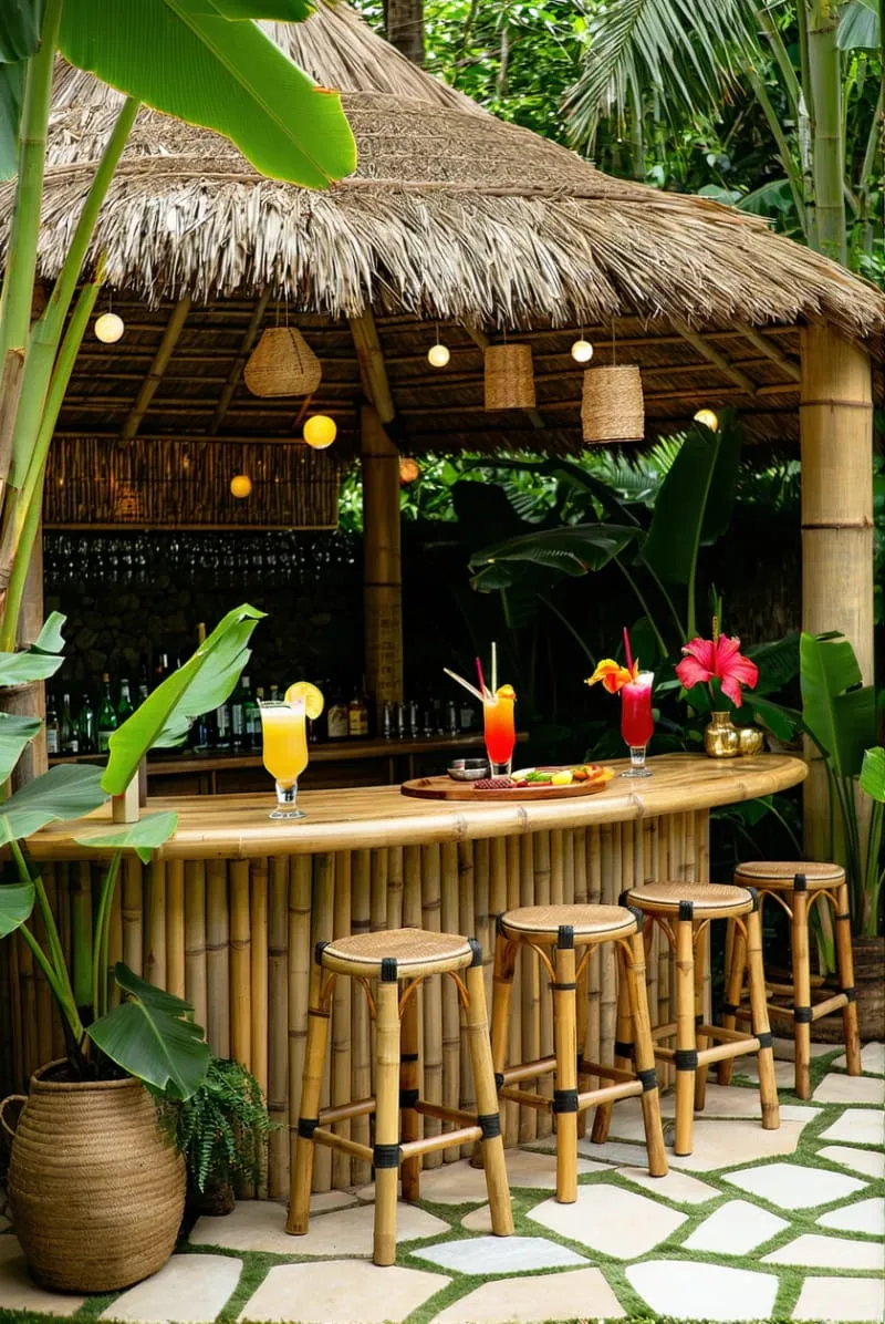 tiki bar lounge with tropical foliage and bamboo stools 1