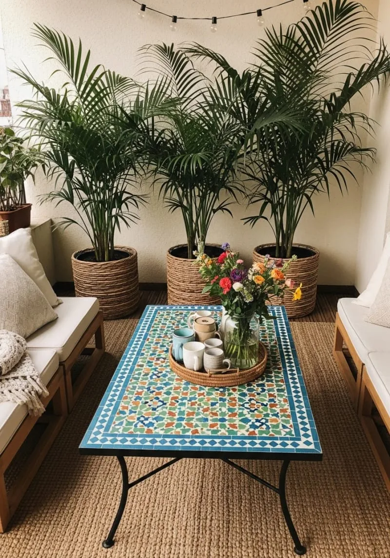 tiled mosaic coffee table and lush potted palms 1