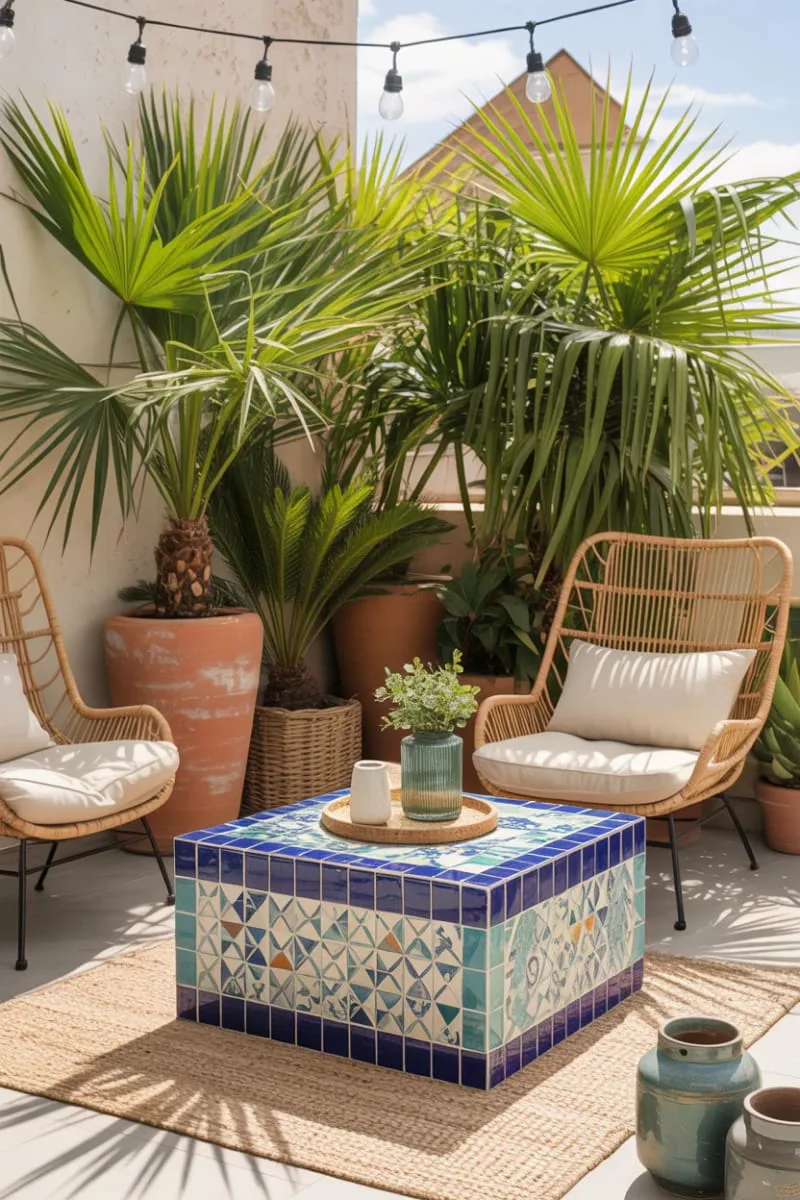 tiled mosaic coffee table and lush potted palms 1