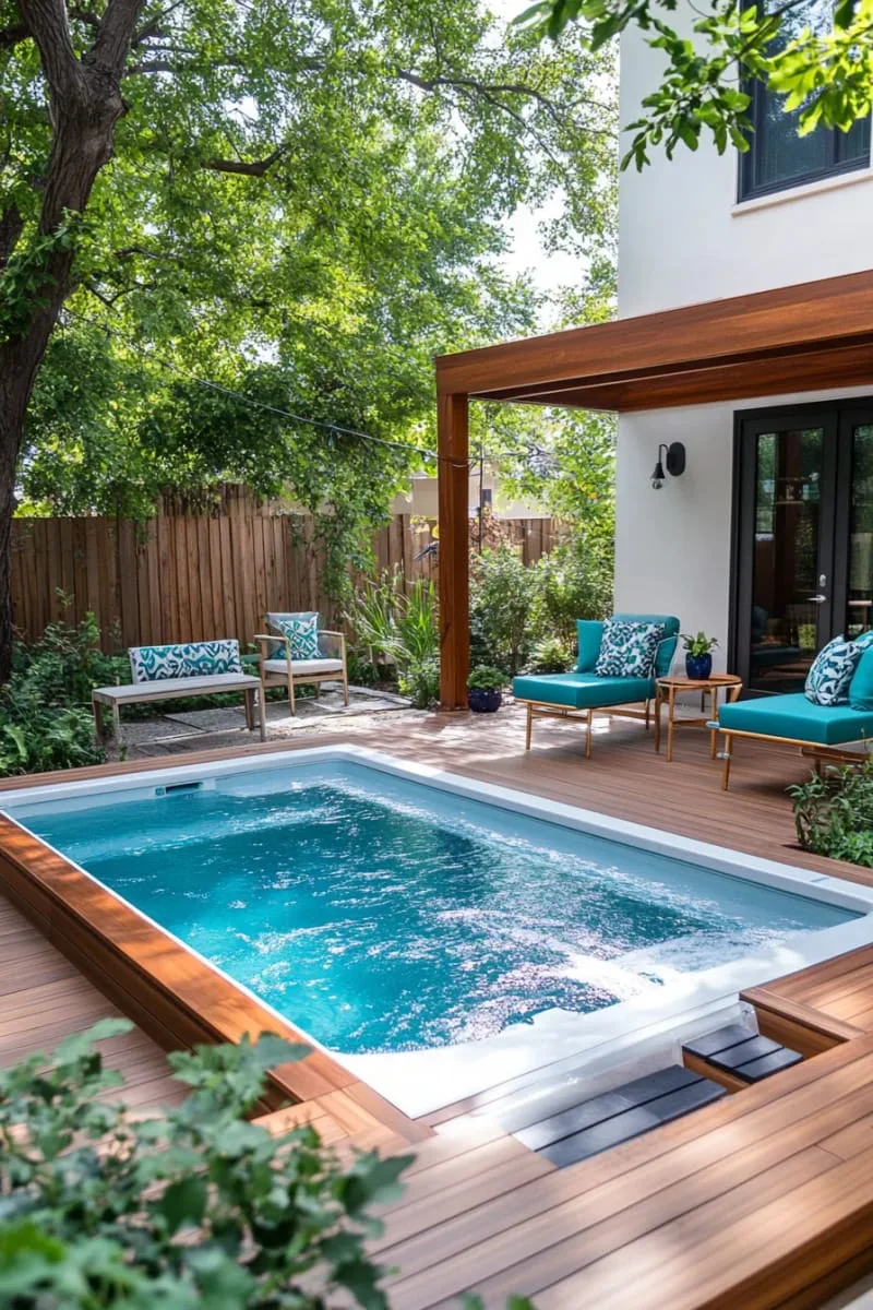 tiny backyard pool with retractable wooden cover for multifunctional space 1