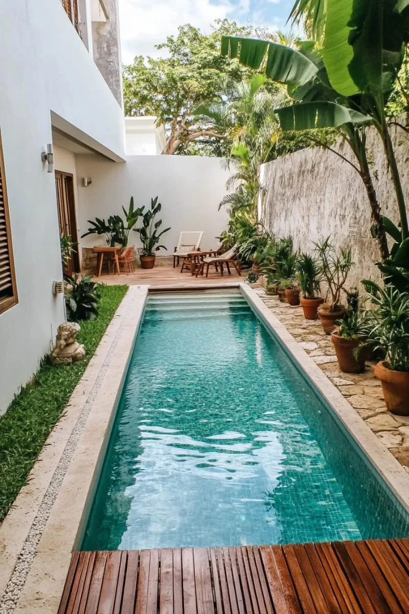 tiny backyard pool with retractable wooden cover for multifunctional space 1