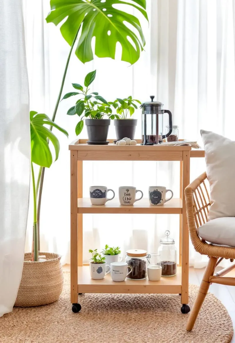 19 Small Sunroom Ideas to Brighten Small Spaces 39 tiny coffee bar nook with vintage mugs and herb planters 1