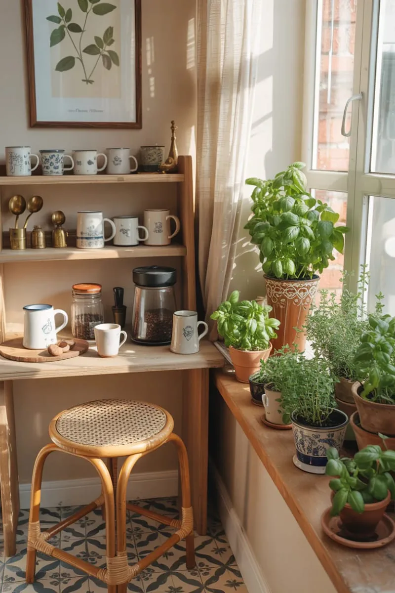 19 Small Sunroom Ideas to Brighten Small Spaces 40 tiny coffee bar nook with vintage mugs and herb planters 1