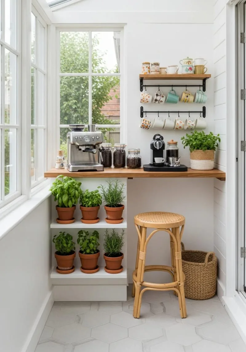 19 Small Sunroom Ideas to Brighten Small Spaces 41 tiny coffee bar nook with vintage mugs and herb planters 1