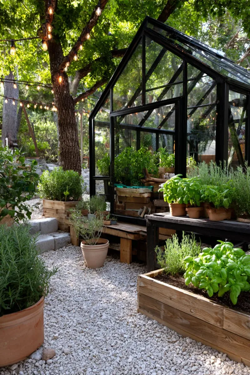 27 New Small Backyard Designs to Copy For Your Outdoor Space 34 tiny greenhouse tucked in a garden corner for herbs 1