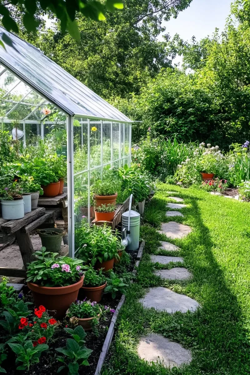 27 New Small Backyard Designs to Copy For Your Outdoor Space 35 tiny greenhouse tucked in a garden corner for herbs 1