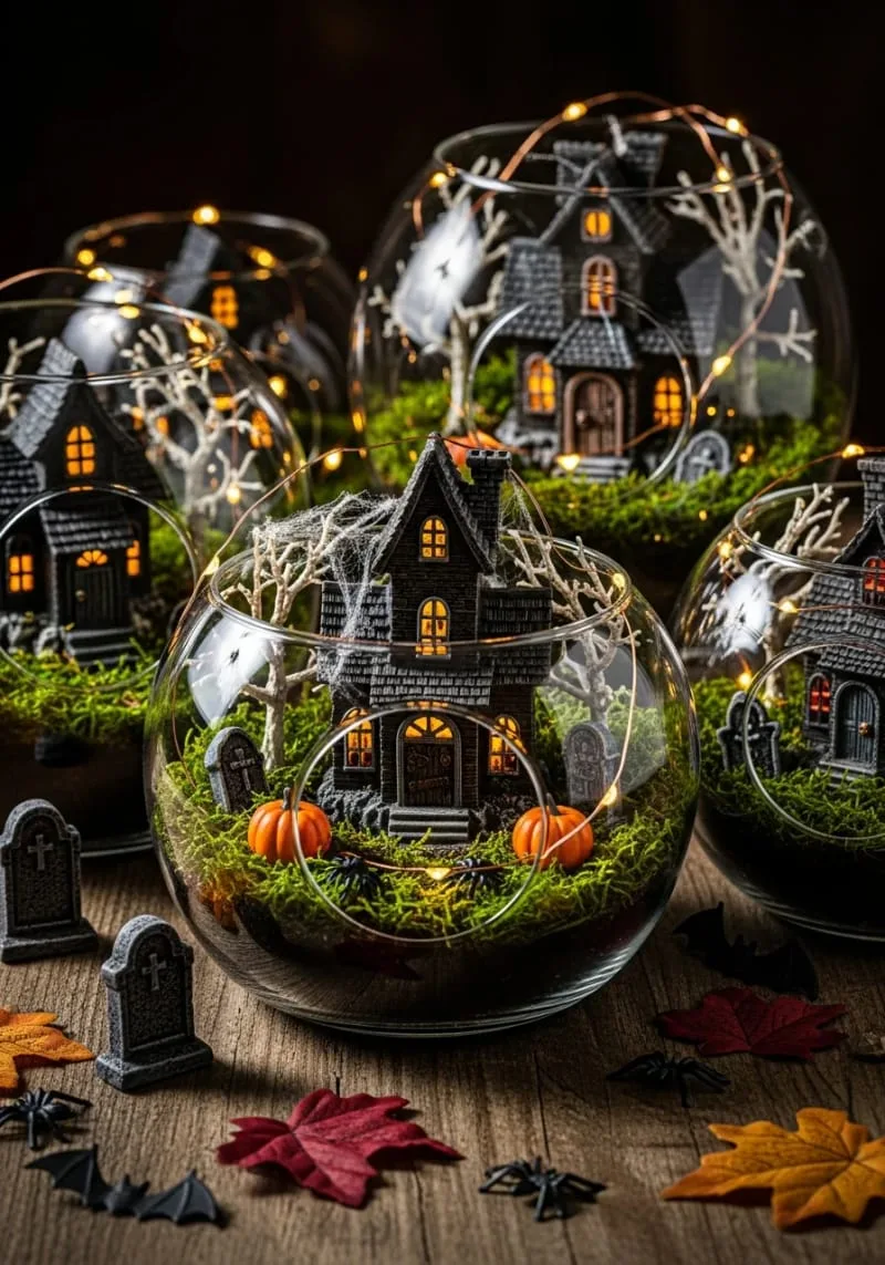 tiny haunted house terrariums with fairy lights 1