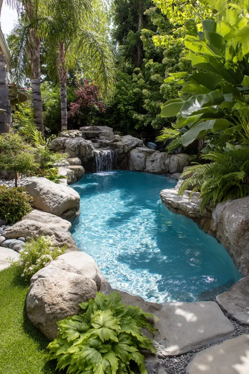 tiny lagoon pool with natural rock waterfall and lush greenery 1