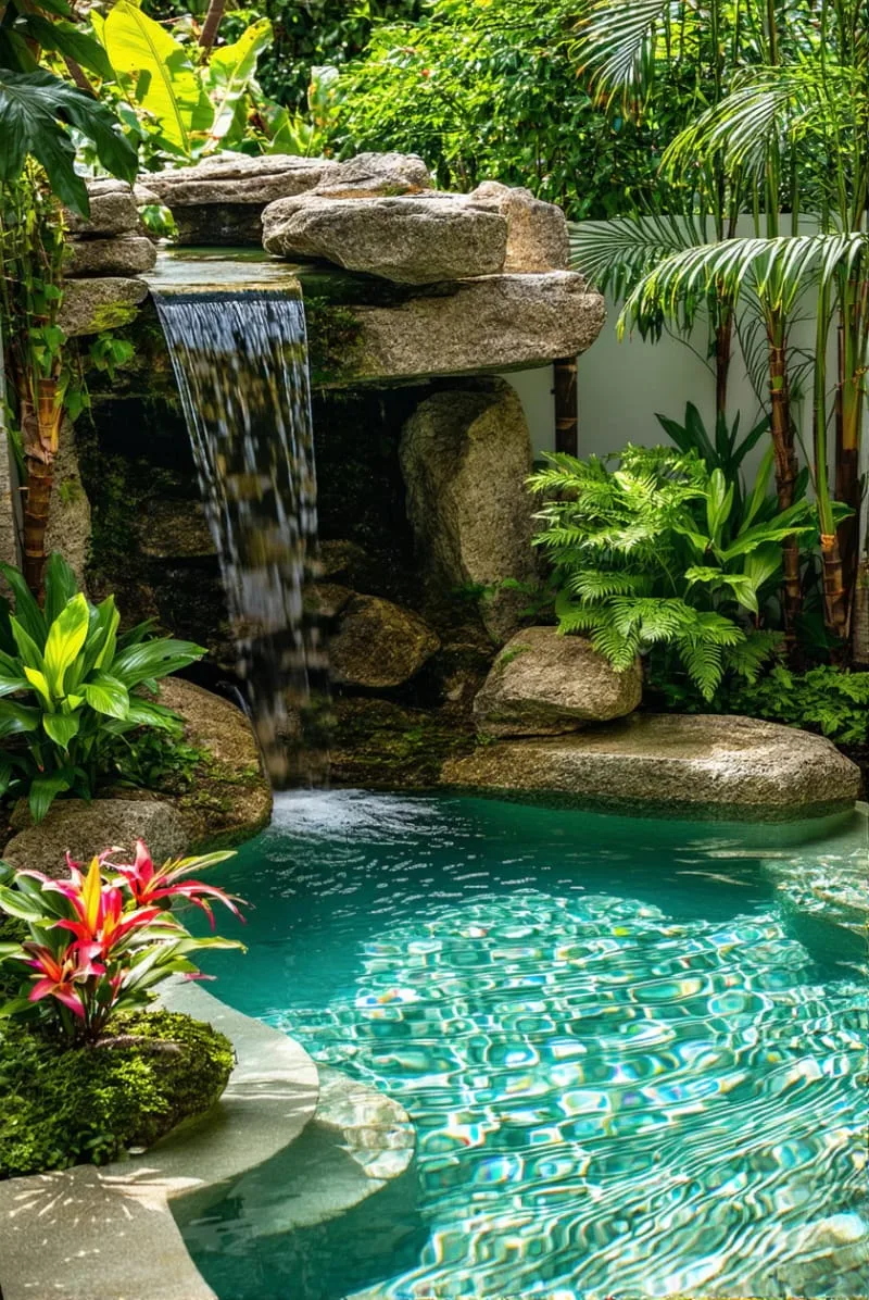 tiny lagoon pool with natural rock waterfall and lush greenery 1