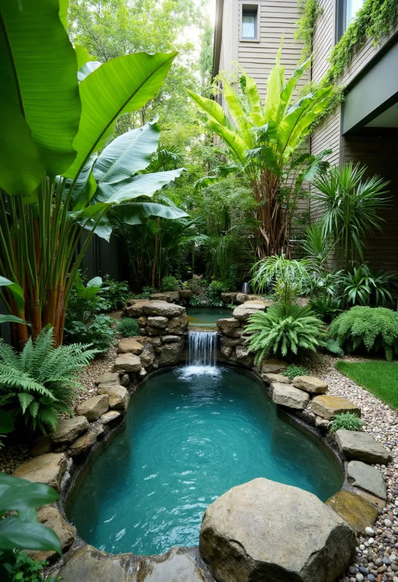 tiny lagoon pool with natural rock waterfall and lush greenery 1