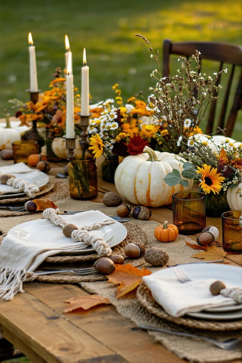tiny pumpkin vases holding wildflowers for a boho thanksgiving vibe 1