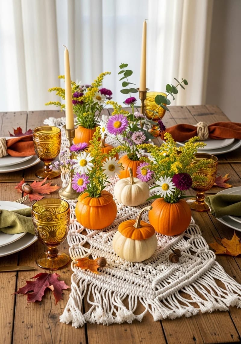 tiny pumpkin vases holding wildflowers for a boho thanksgiving vibe 1
