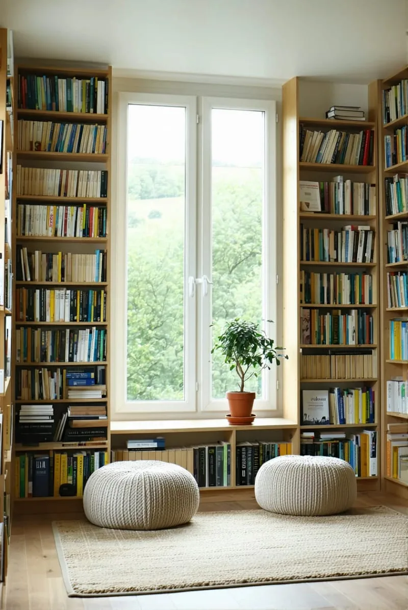 19 Small Sunroom Ideas to Brighten Small Spaces 91 tiny sunroom library with wall-mounted bookshelves and poufs 1