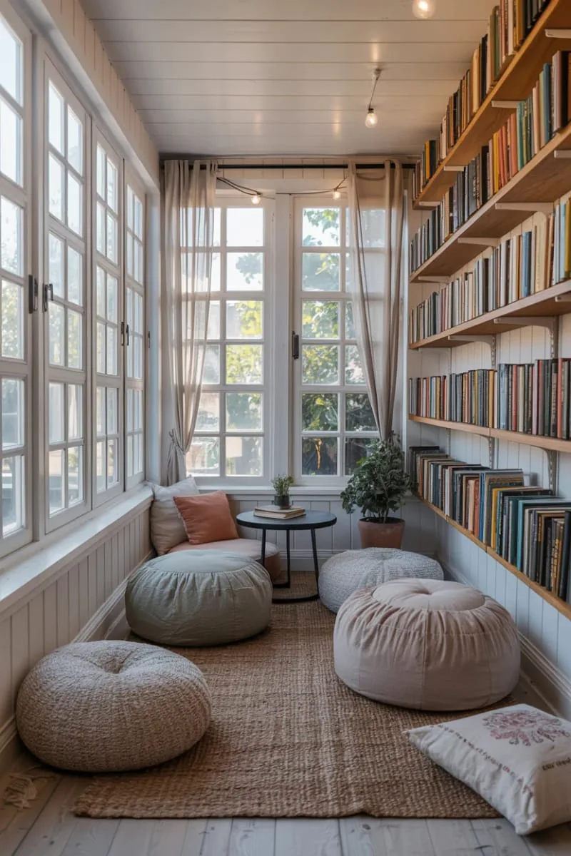 19 Small Sunroom Ideas to Brighten Small Spaces 92 tiny sunroom library with wall-mounted bookshelves and poufs 1