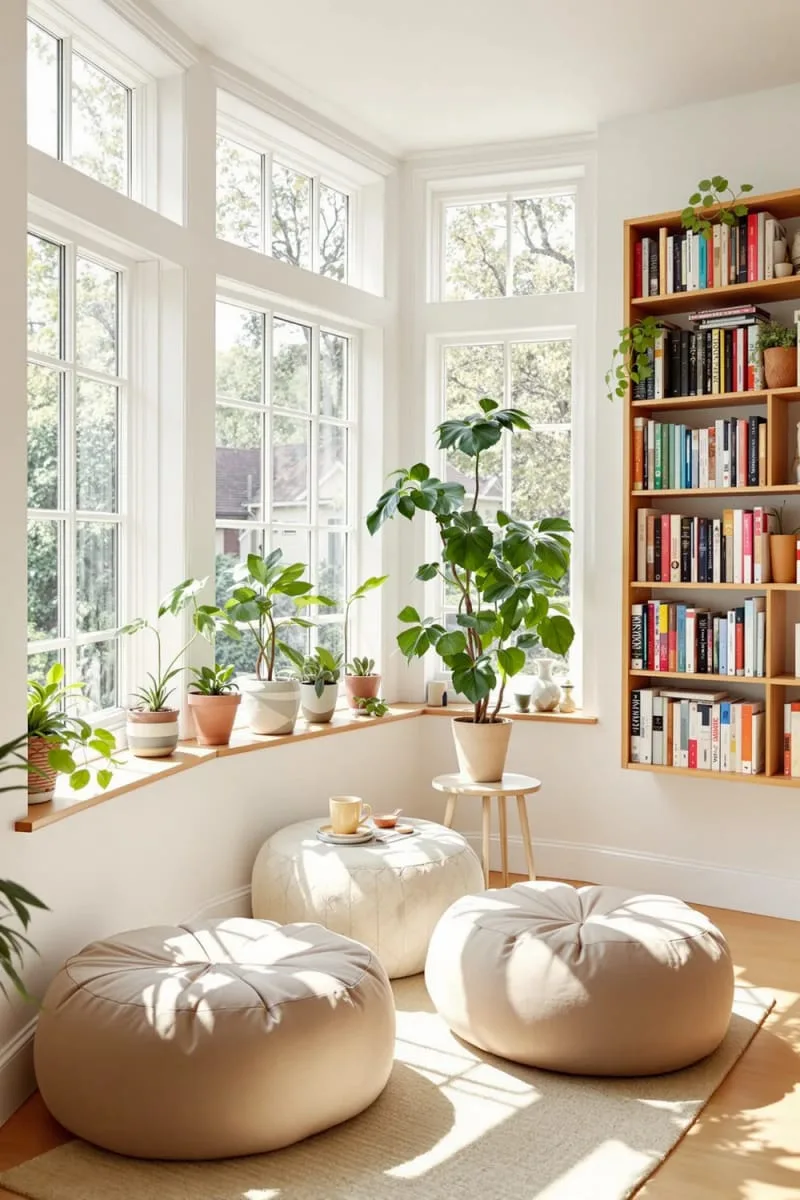 19 Small Sunroom Ideas to Brighten Small Spaces 93 tiny sunroom library with wall-mounted bookshelves and poufs 1