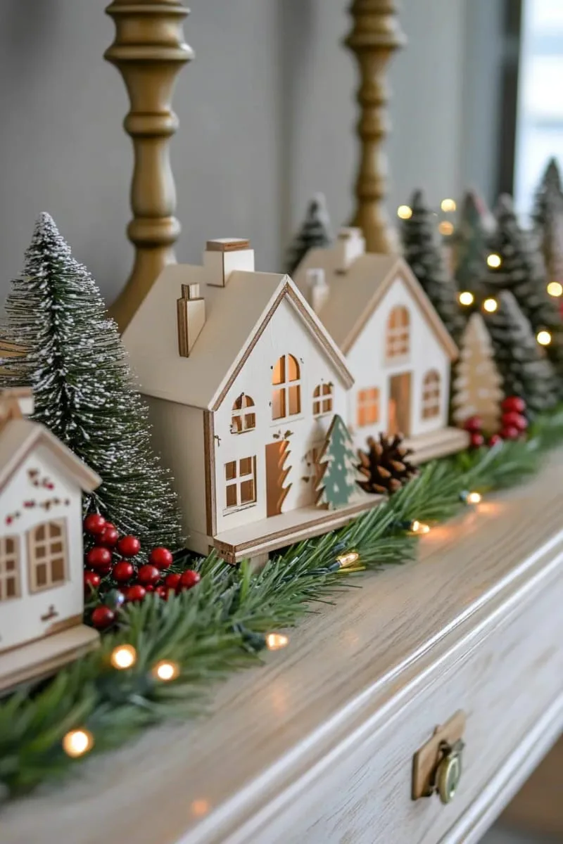 traditional christmas village display on a vintage sideboard 1