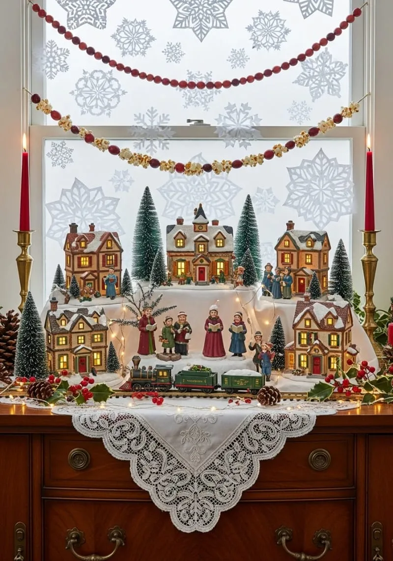 traditional christmas village display on a vintage sideboard 1