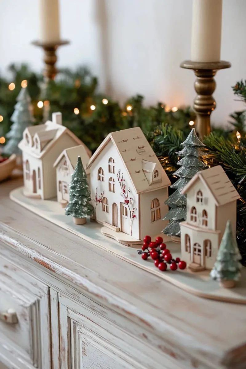 traditional christmas village display on a vintage sideboard 1