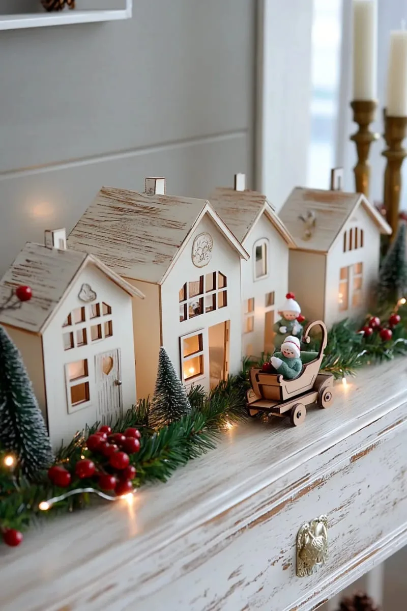 traditional christmas village display on a vintage sideboard 1
