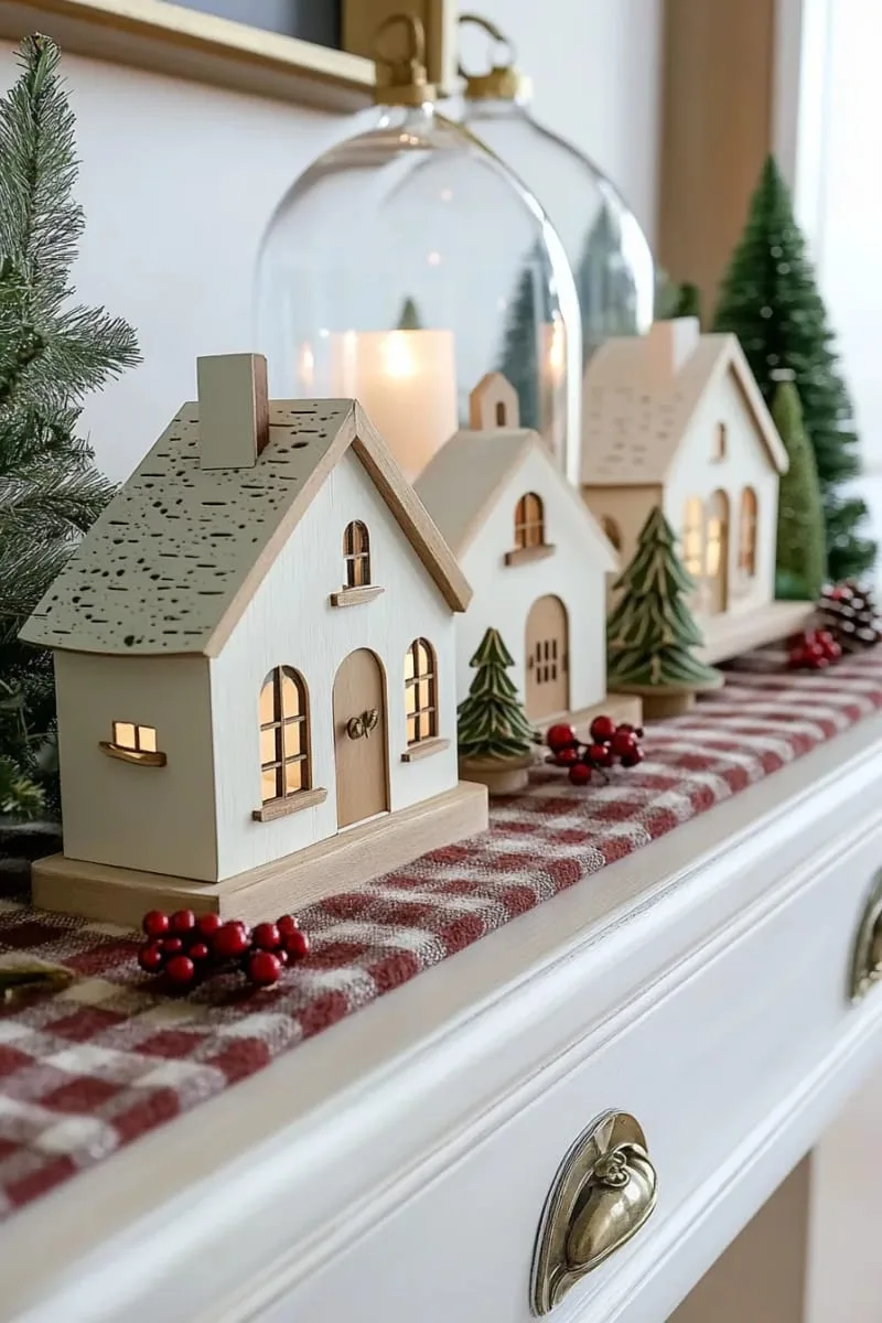traditional christmas village display on a vintage sideboard 1