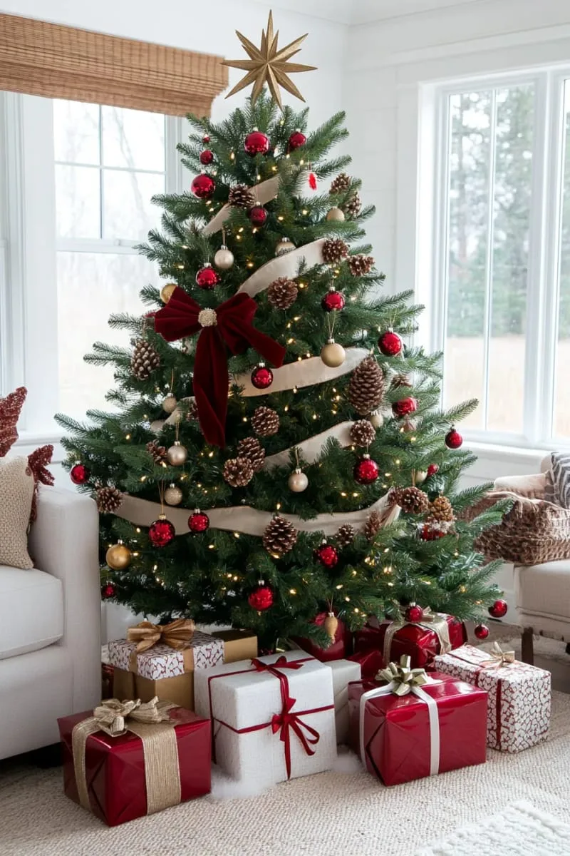 traditional tree decked with velvet ribbon, cranberry garland, and gold pinecones 1