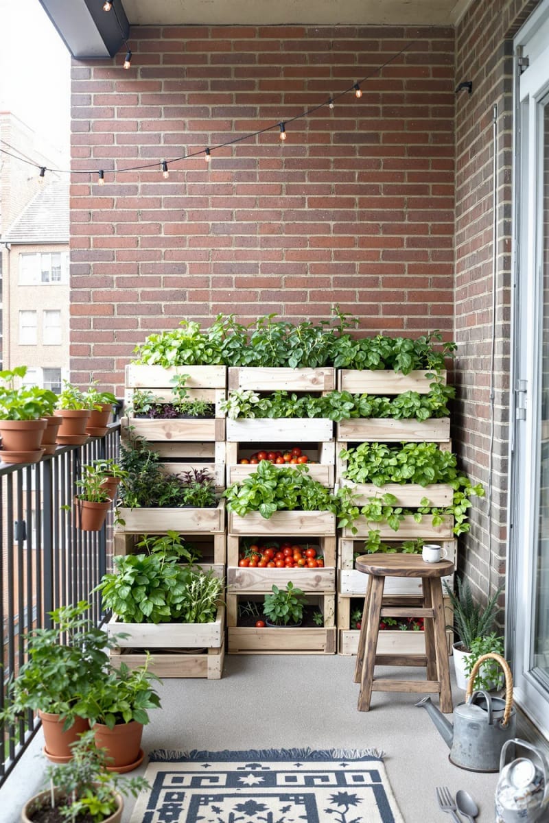 transform crates into stacked vegetable beds for fresh balcony harvests 1