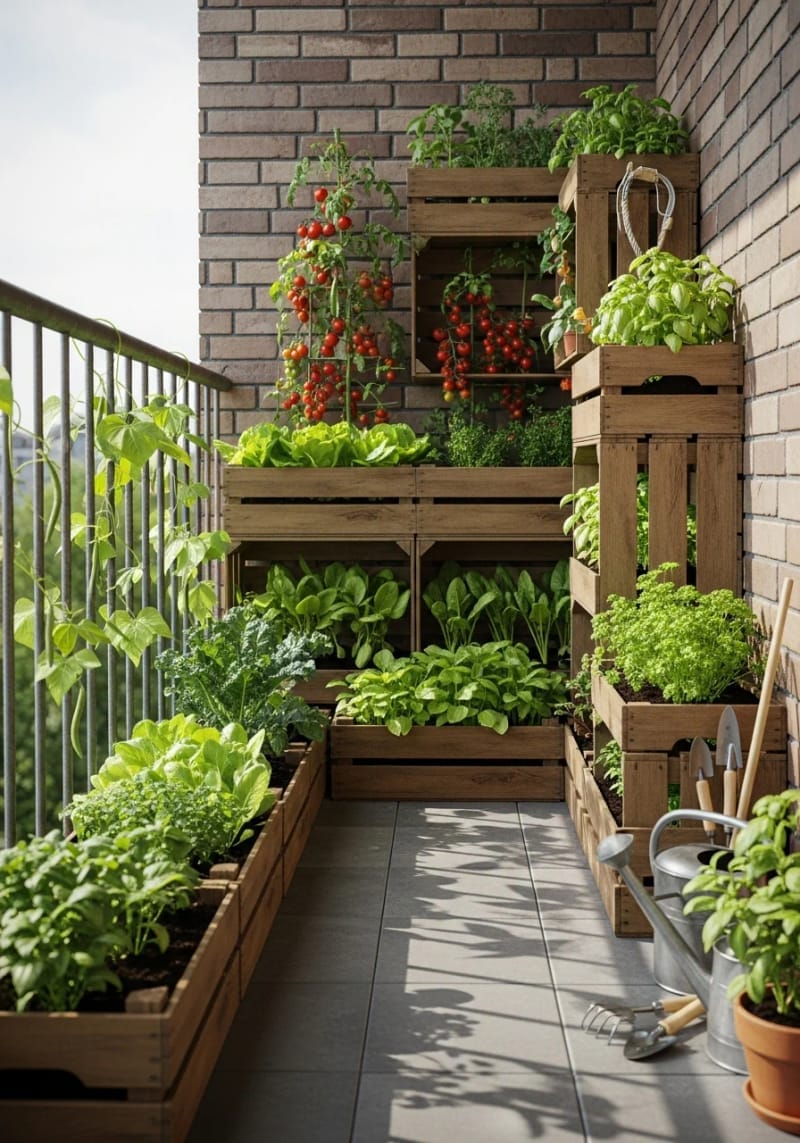 transform crates into stacked vegetable beds for fresh balcony harvests 1