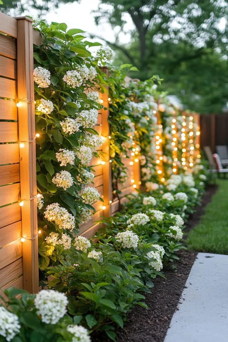 27 Unique Backyard Privacy Designs for A Serene Outdoor Oasis 22 trellis fence covered in honeysuckle and fairy lights 1